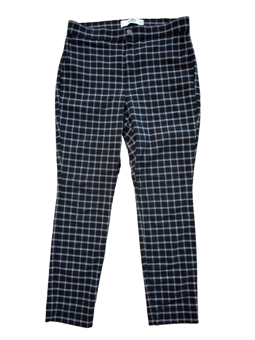 Hollister Ultra High Rise Plaid Pants Womens L Black Gray Stretch Ankle Tapered